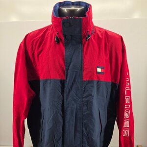 Vintage Tommy Hilfiger Jacket Mens XLarge Red Spell Out Hooded Windbreaker 90s